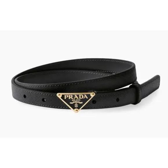 Prada Accessories - Prada Saffiano Womens Thin Plaque Logo Triangle Belt Black Leather 90
